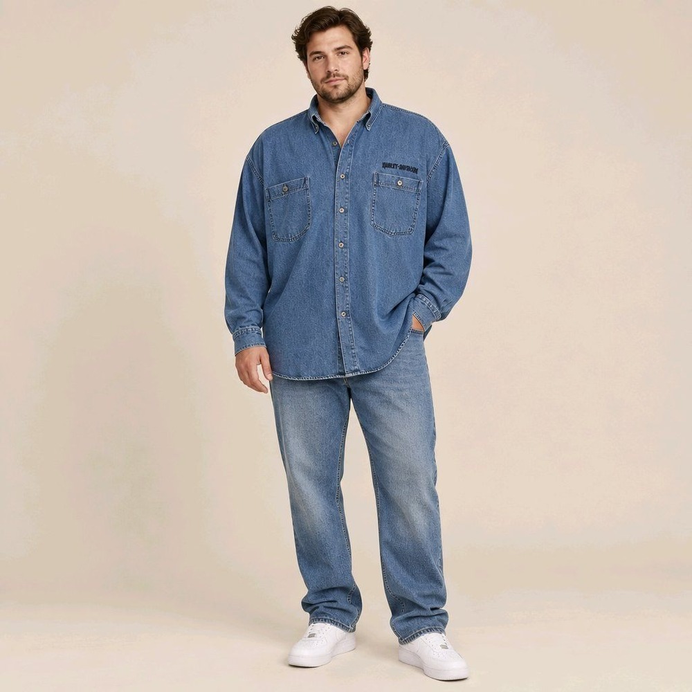 Harley-Davidson 3XL Blue Denim Button Down Shirt Embroidered Back Logo